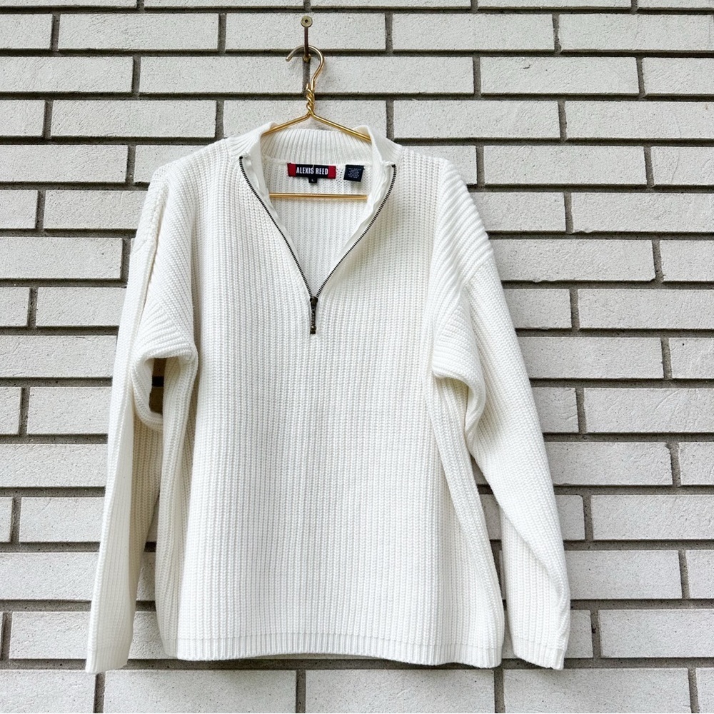 Vintage Alexis Reed White Ribbed Half-Zip Sweater Pullover L 90s Y2K Minimalist‎